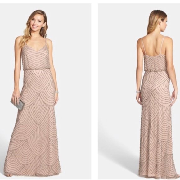 Adrianna Papell Beaded Chiffon Blouson Gown Taupe/Pink - Picture 2 of 6